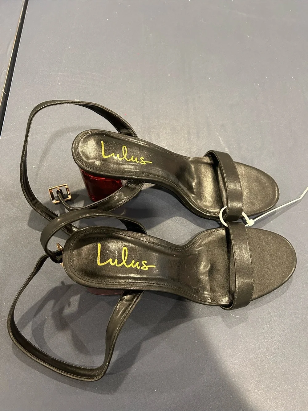 Lulu's Black Ankle-Strap Block Heel Sandals with Red Accent Heel